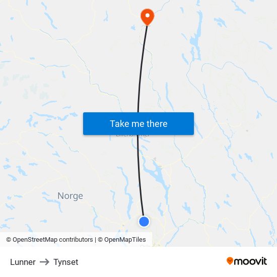 Lunner to Tynset map