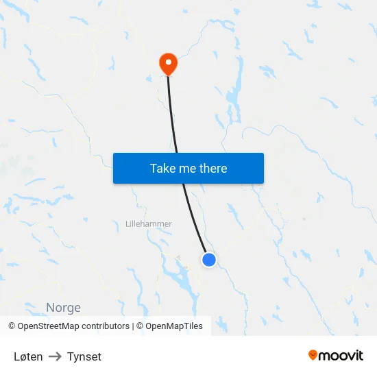 Løten to Tynset map