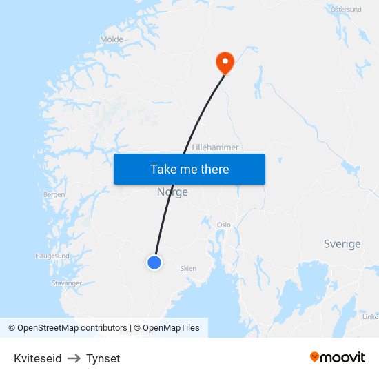 Kviteseid to Tynset map