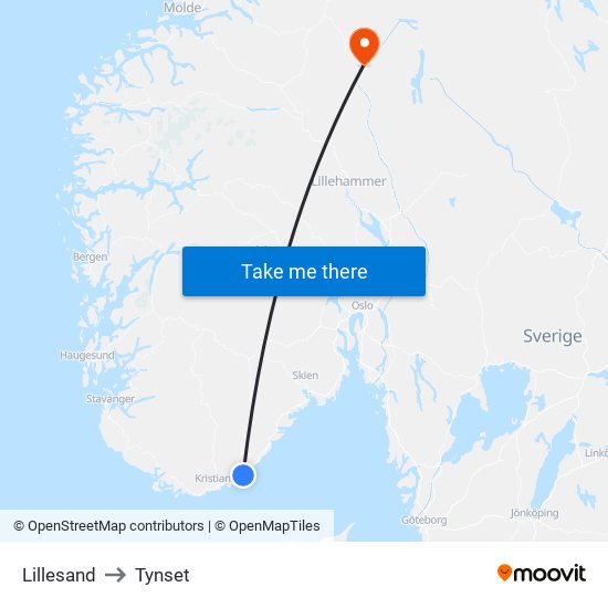 Lillesand to Tynset map