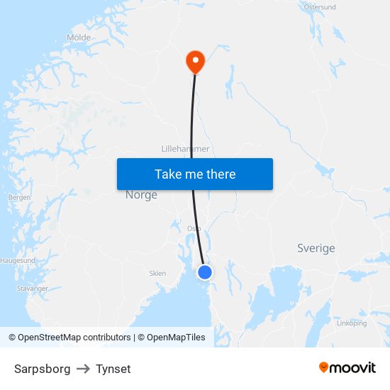 Sarpsborg to Tynset map