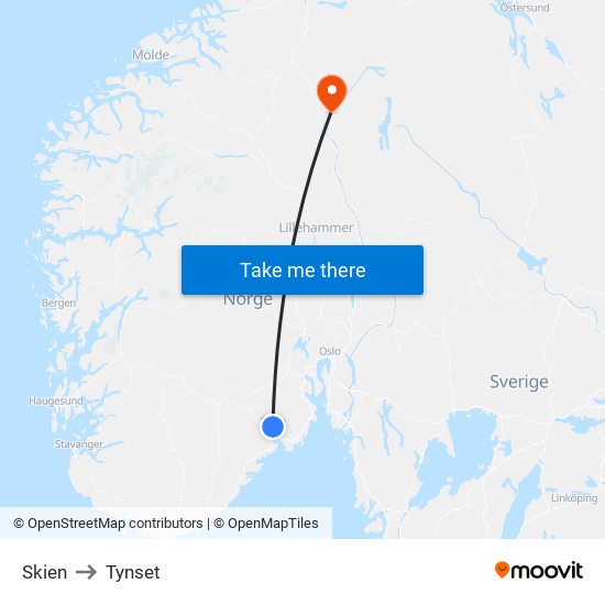 Skien to Tynset map