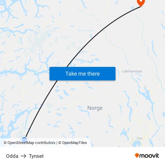 Odda to Tynset map