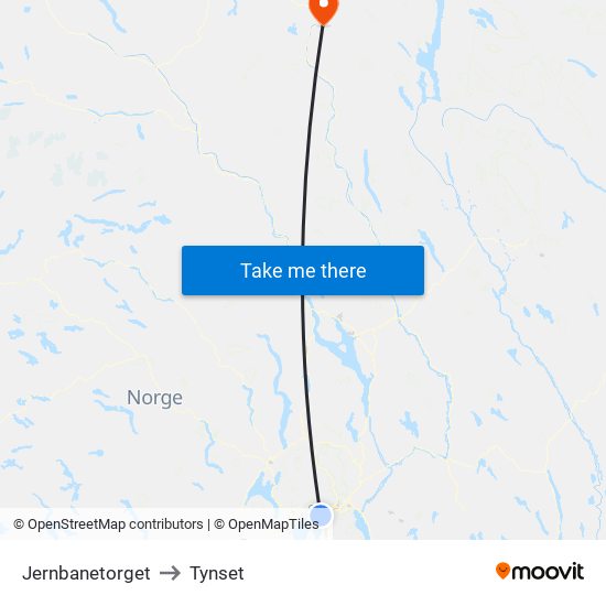 Jernbanetorget to Tynset map