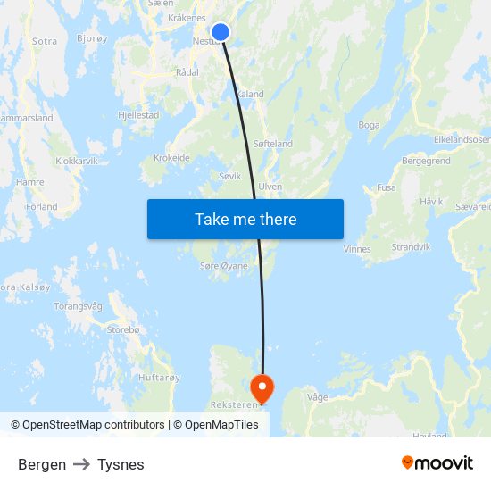 Bergen to Tysnes map