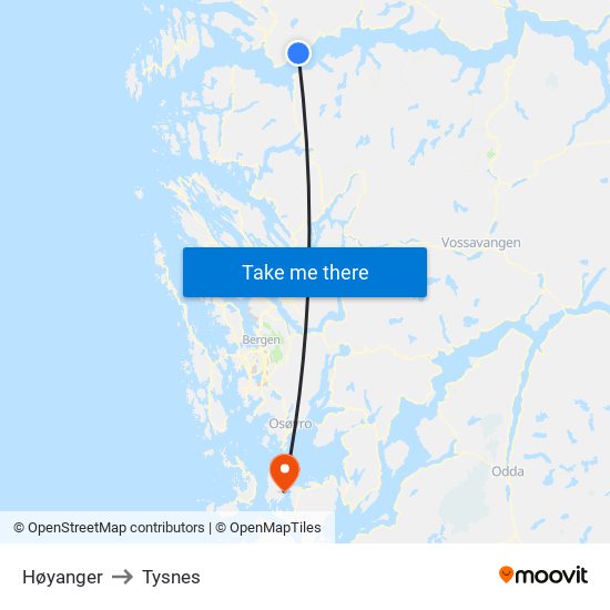 Høyanger to Tysnes map