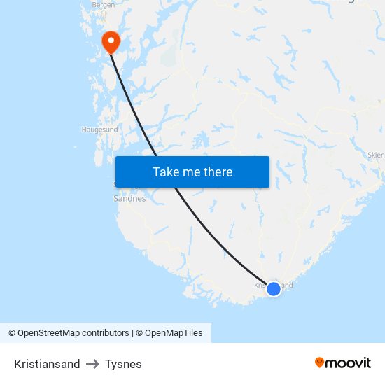 Kristiansand to Tysnes map