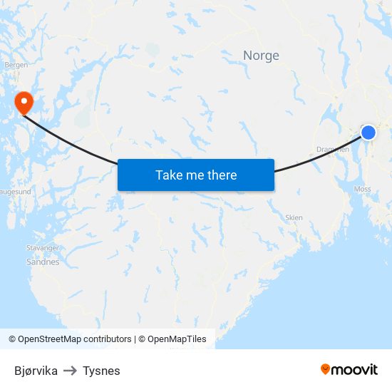 Bjørvika to Tysnes map