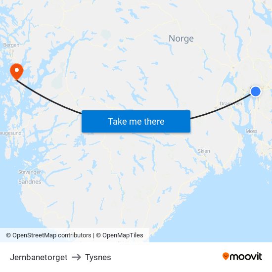 Jernbanetorget to Tysnes map