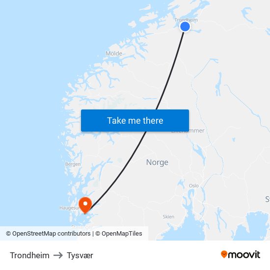 Trondheim to Tysvær map