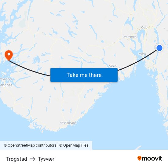 Trøgstad to Tysvær map