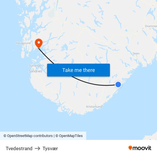 Tvedestrand to Tysvær map