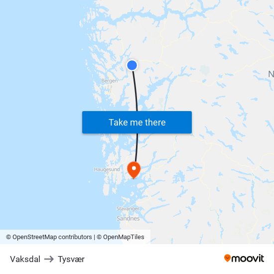 Vaksdal to Tysvær map