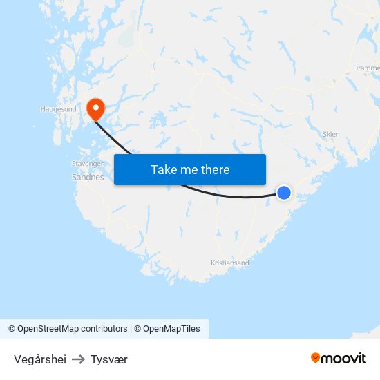 Vegårshei to Tysvær map