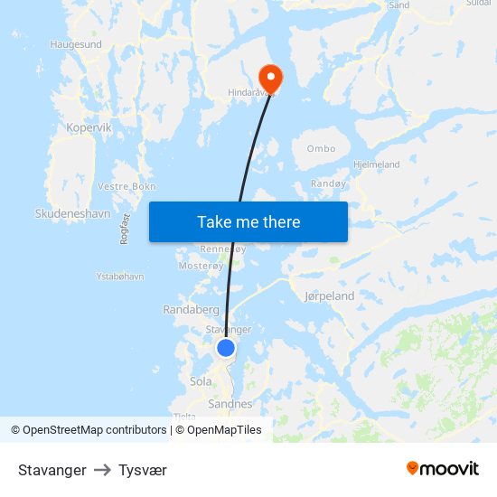 Stavanger to Tysvær map