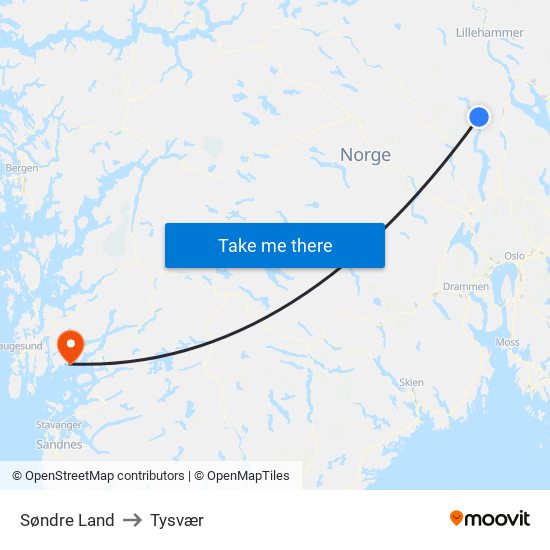 Søndre Land to Tysvær map