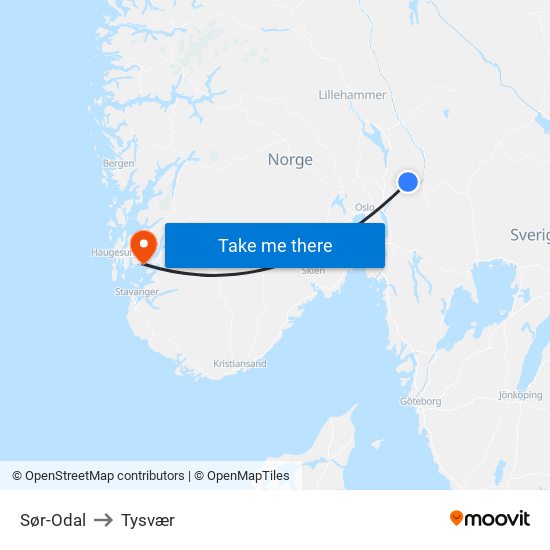 Sør-Odal to Tysvær map