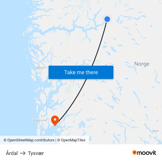 Årdal to Tysvær map