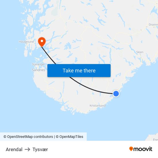 Arendal to Tysvær map