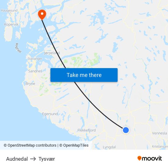 Audnedal to Tysvær map