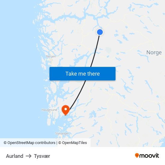 Aurland to Tysvær map