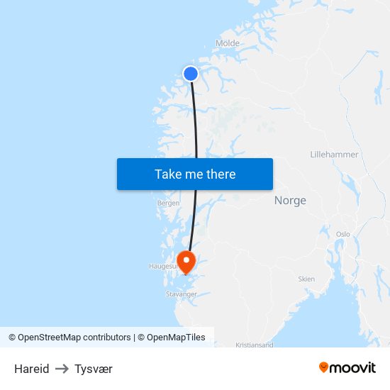 Hareid to Tysvær map