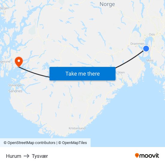 Hurum to Tysvær map