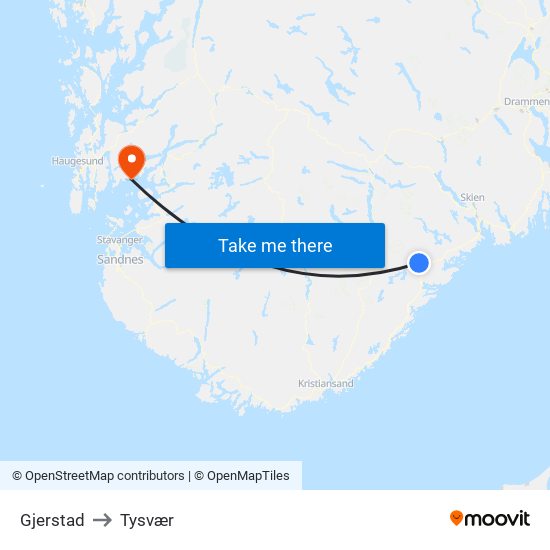 Gjerstad to Tysvær map