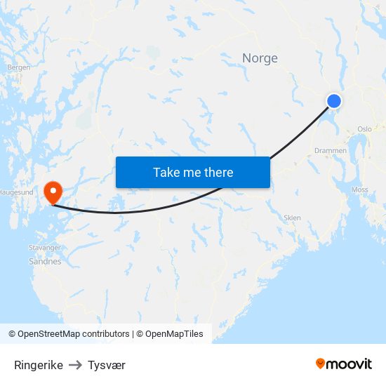 Ringerike to Tysvær map