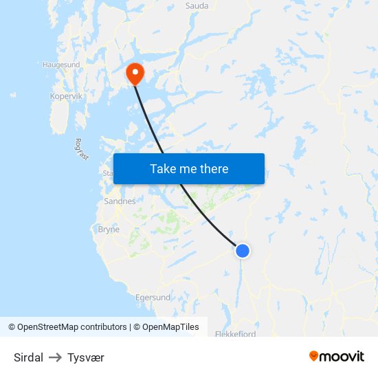 Sirdal to Tysvær map