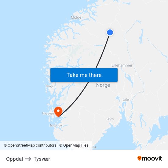 Oppdal to Tysvær map