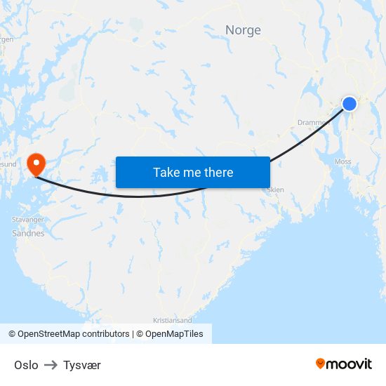 Oslo to Tysvær map