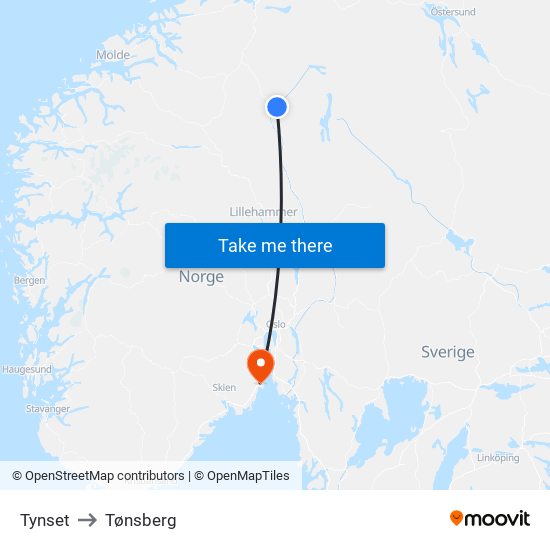 Tynset to Tønsberg map