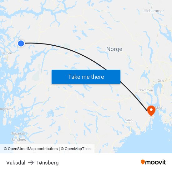 Vaksdal to Tønsberg map