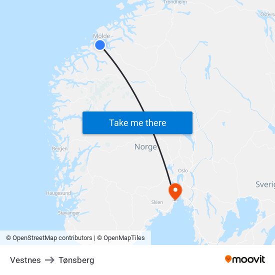 Vestnes to Tønsberg map