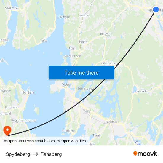 Spydeberg to Tønsberg map