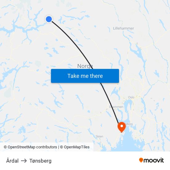 Årdal to Tønsberg map