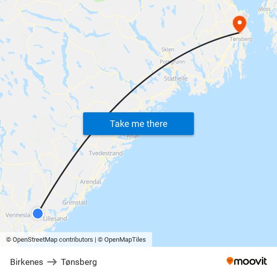 Birkenes to Tønsberg map