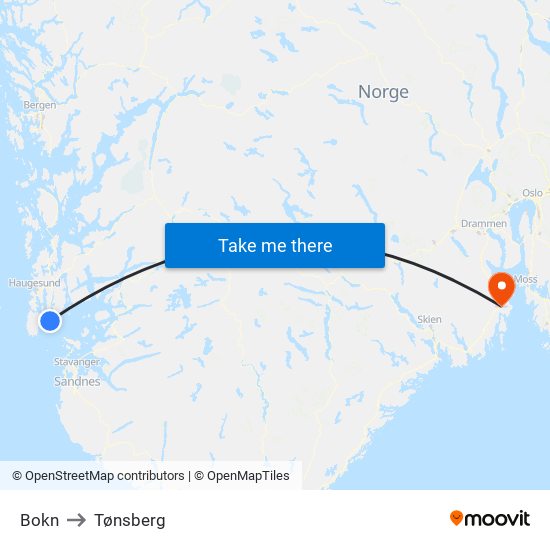 Bokn to Tønsberg map