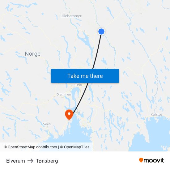 Elverum to Tønsberg map