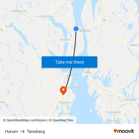 Hurum to Tønsberg map