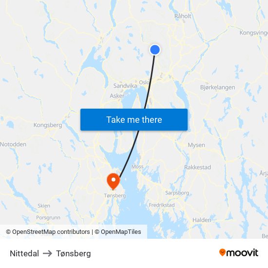 Nittedal to Tønsberg map