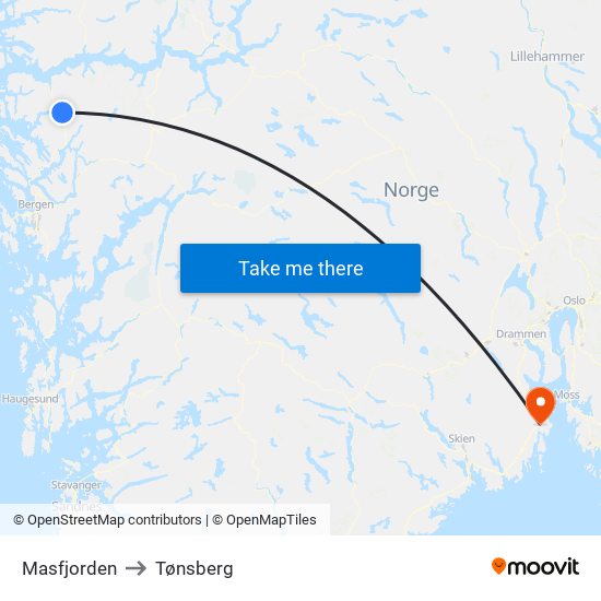 Masfjorden to Tønsberg map