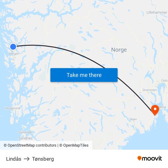 Lindås to Tønsberg map