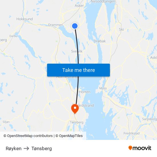 Røyken to Tønsberg map