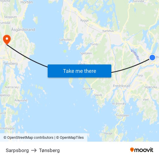 Sarpsborg to Tønsberg map