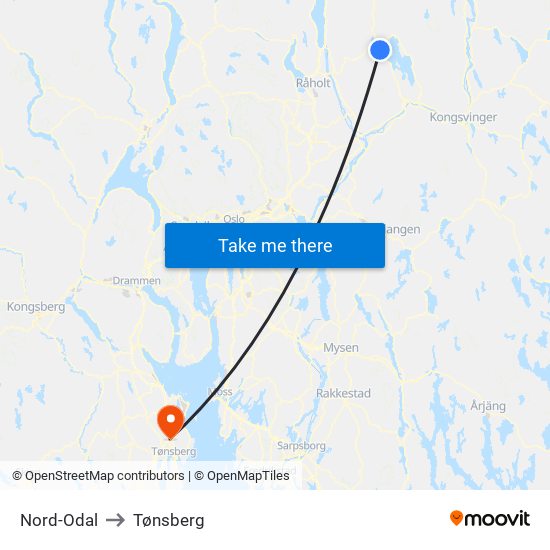 Nord-Odal to Tønsberg map