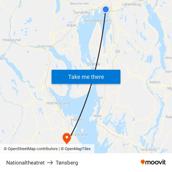 Nationaltheatret to Tønsberg map