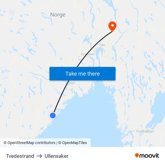 Tvedestrand to Ullensaker map