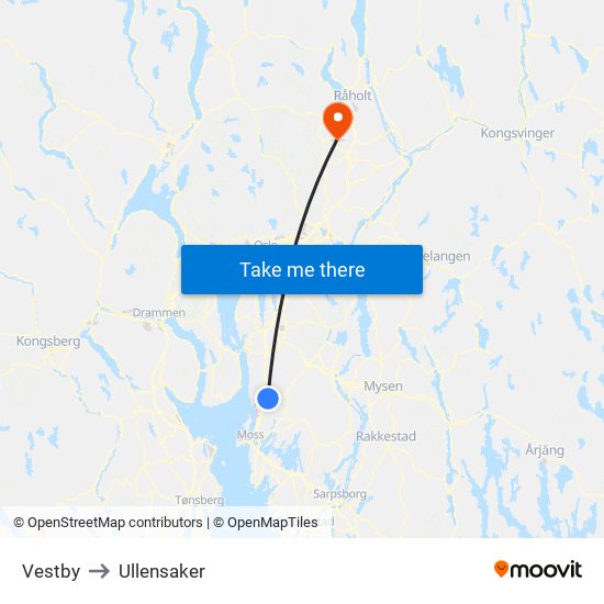 Vestby to Ullensaker map